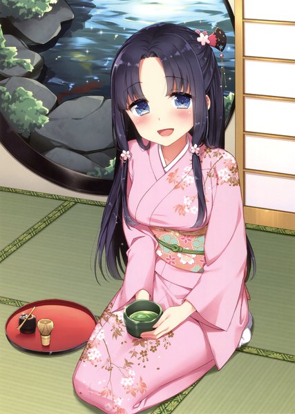 Anime picture 2489x3500 with original masuishi kinoto single long hair tall image looking at viewer blush highres open mouth blue eyes black hair traditional clothes japanese clothes scan official art girl hair ornament kimono obi