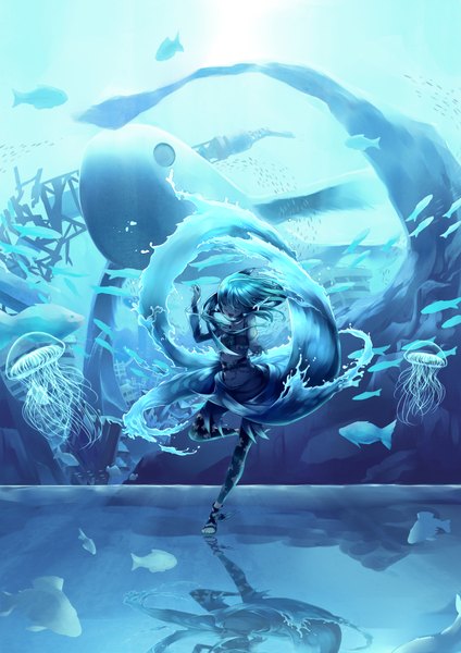 Anime picture 1414x2000 with original kizuka kanata single tall image short hair open mouth smile bare shoulders eyes closed barefoot happy underwater weightlessness girl thighhighs animal shoes chain fish (fishes) sun