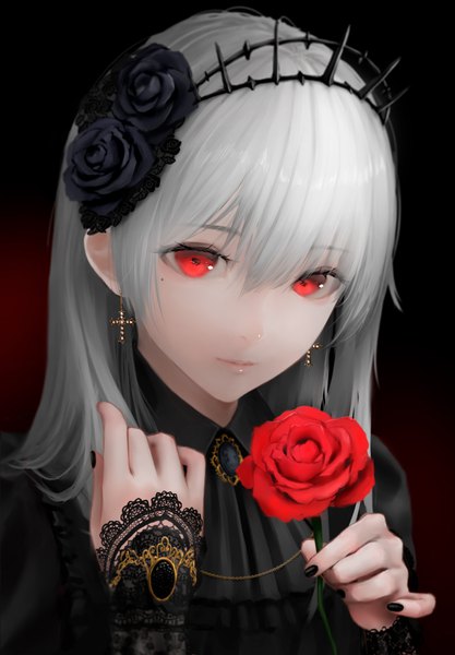 Anime picture 1750x2519 with original ojay tkym single long hair tall image looking at viewer fringe highres simple background hair between eyes red eyes holding silver hair upper body nail polish hair flower fingernails mole mole under eye portrait