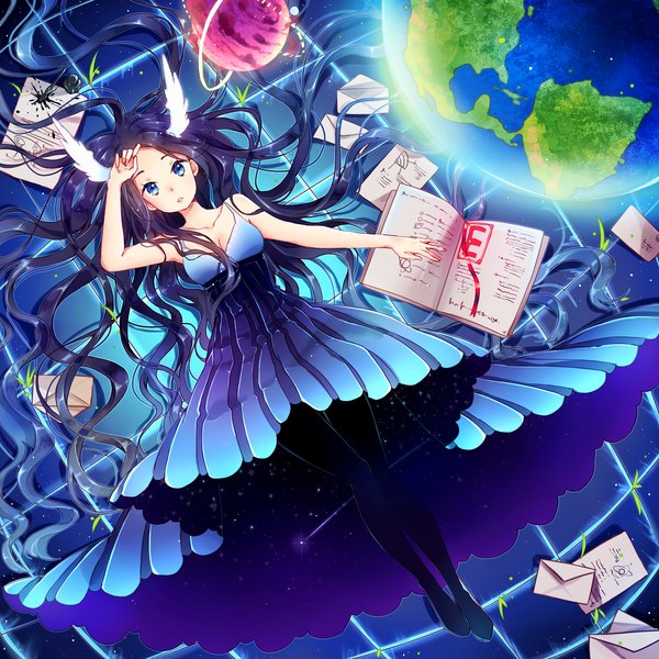 Anime picture 2625x2625 with original yenkoes single long hair looking at viewer highres blue eyes purple hair lying from above head wings white wings starry sky print girl dress wings book (books) star (stars) paper planet