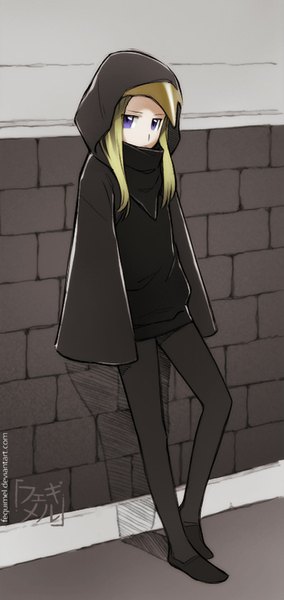 Anime-Bild 396x834 mit feguimel single long hair tall image looking at viewer blonde hair purple eyes signed against wall girl pantyhose hood wall clothes