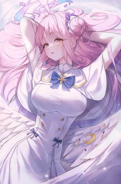 Anime picture 1324x2000 with blue archive mika (blue archive) orecalc3092 single long hair tall image looking at viewer blush fringe breasts open mouth hair between eyes yellow eyes pink hair lying from above arms up on back hair bun (hair buns) arms behind head