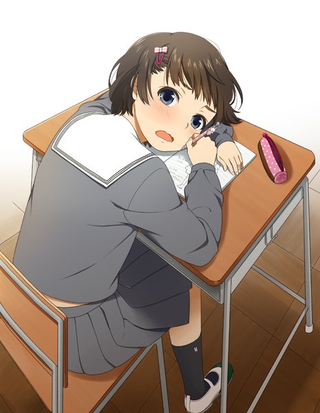 Anime picture 859x1107 with original mattaku mousuke single tall image blush short hair open mouth blue eyes black hair girl skirt uniform school uniform socks black socks desk