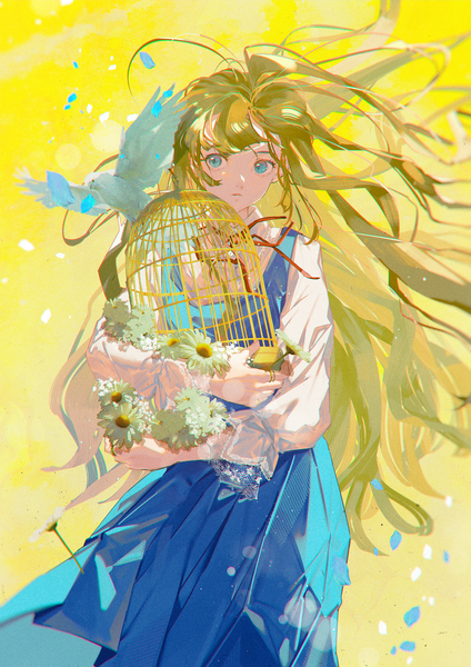 Anime picture 1555x2200 with original shiomi (lowrise) single long hair tall image fringe blue eyes simple background blonde hair standing holding looking away blunt bangs long sleeves floating hair yellow background girl dress flower (flowers) animal