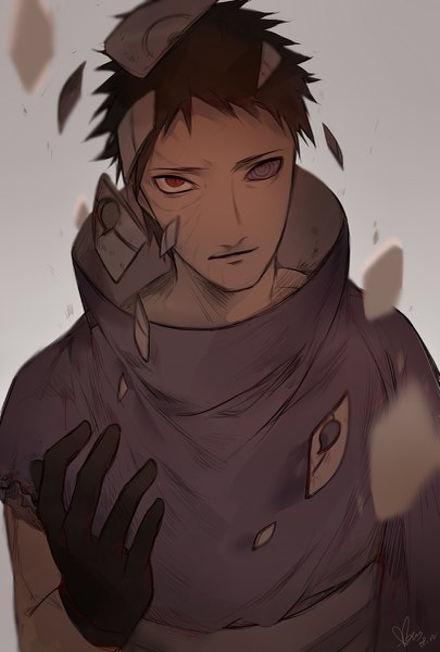 Anime picture 811x1200 with naruto studio pierrot naruto (series) uchiha obito -mitus- single tall image looking at viewer short hair simple background red eyes brown hair purple eyes signed grey background heterochromia torn clothes scar akatsuki sharingan