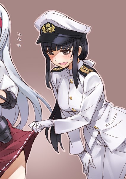 Anime picture 850x1200 with kantai collection shoukaku aircraft carrier female admiral (kantai collection) matsuryuu long hair tall image blush open mouth black hair simple background multiple girls brown eyes mole mole under mouth girl skirt gloves uniform 2 girls miniskirt