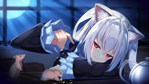 Anime picture 1920x1080 with virtual youtuber nora cat channel nora cat kurotobi rarumu single long hair looking at viewer blush fringe highres smile hair between eyes red eyes wide image sitting animal ears payot silver hair indoors head tilt