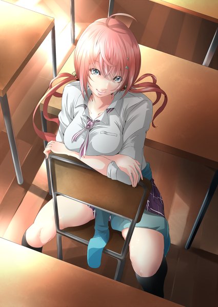 Anime picture 1000x1412 with vocaloid megurine luka endou (zettai bluenoid) single long hair tall image looking at viewer breasts blue eyes smile large breasts sitting twintails pink hair ahoge bent knee (knees) indoors pleated skirt from above low twintails