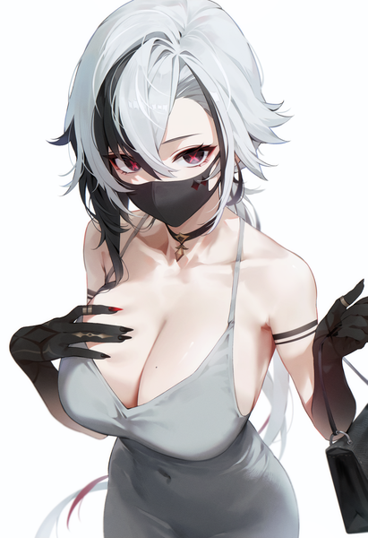 Anime picture 1664x2432 with genshin impact arlecchino (genshin impact) hyeonwook9 single long hair tall image looking at viewer fringe breasts light erotic simple background hair between eyes large breasts standing white background bare shoulders cleavage silver hair nail polish multicolored hair