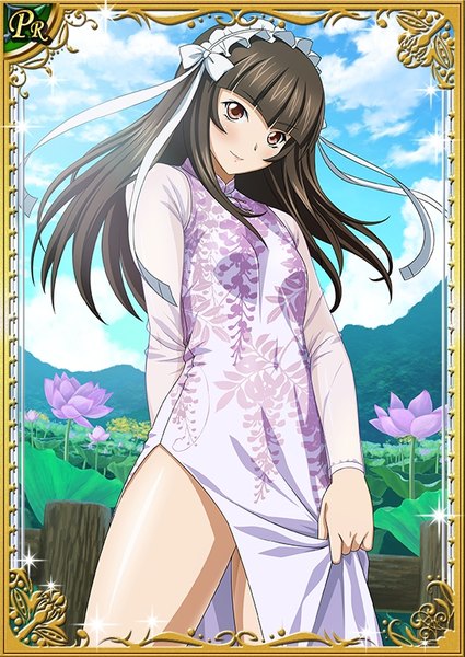 Anime picture 567x800 with ikkitousen teni single long hair tall image looking at viewer light erotic black hair brown eyes traditional clothes floral print chinese clothes girl flower (flowers) chinese dress lolita hairband