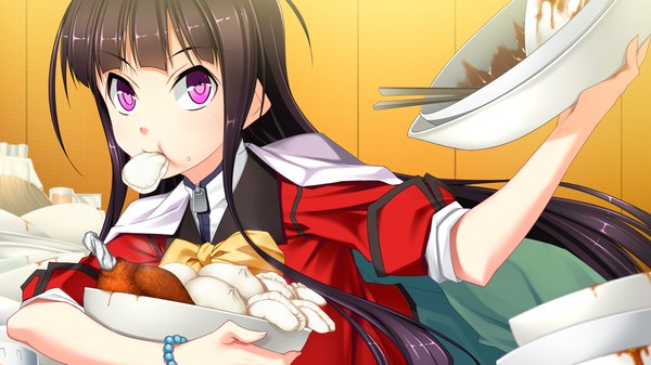 Anime picture 1280x720 with ryuusei no arcadia long hair black hair wide image purple eyes game cg eating girl uniform school uniform food