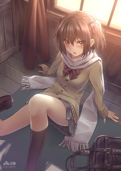 Anime picture 708x1000 with kantai collection sendai light cruiser morigami (morigami no yashiro) single tall image looking at viewer blush fringe short hair open mouth light erotic hair between eyes brown hair sitting brown eyes signed bent knee (knees) indoors long sleeves pleated skirt