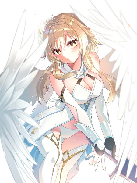 Anime picture 3000x4000 with genshin impact lumine (genshin impact) netisz single long hair tall image looking at viewer blush fringe highres breasts open mouth light erotic simple background blonde hair hair between eyes white background bare shoulders holding yellow eyes