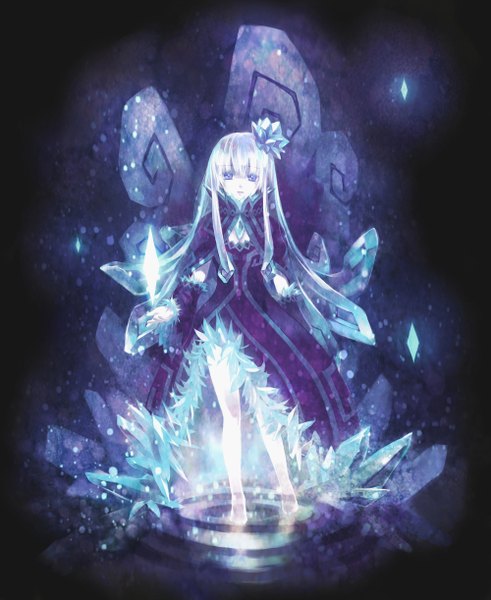 Anime picture 1000x1222 with original minami seira single long hair tall image looking at viewer blue eyes standing purple eyes silver hair white hair barefoot dark background pale skin girl dress hair ornament water headdress crystal