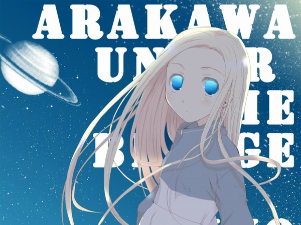 Anime picture 1600x1200 with arakawa under the bridge shaft (studio) nino single long hair blue eyes blonde hair inscription girl uniform gym uniform planet