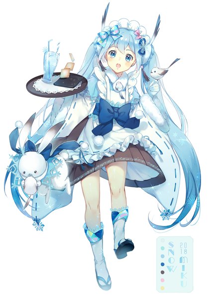 Anime picture 1342x1915 with vocaloid hatsune miku yuki miku rabbit yukine ekita xuan single tall image looking at viewer open mouth blue eyes simple background white background blue hair full body very long hair wide sleeves character names walking lolita fashion bird on hand