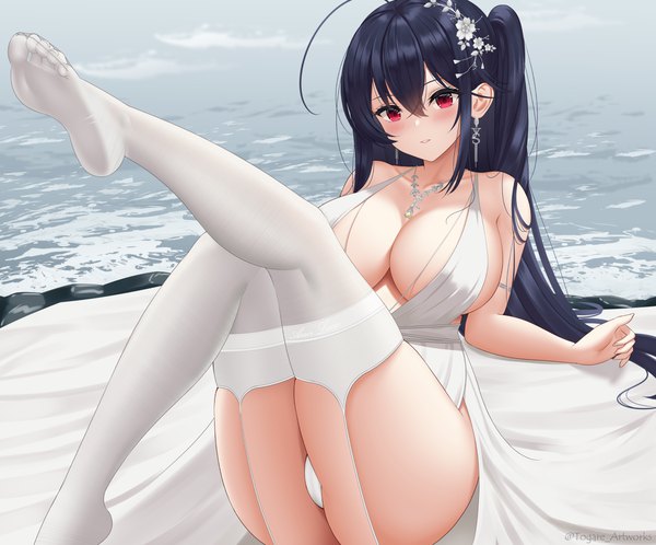 Anime picture 1288x1068 with azur lane taihou (azur lane) taihou (temptation on the sea breeze) (azur lane) togare single long hair looking at viewer blush fringe breasts light erotic black hair smile hair between eyes red eyes large breasts sitting bare shoulders ahoge bent knee (knees)