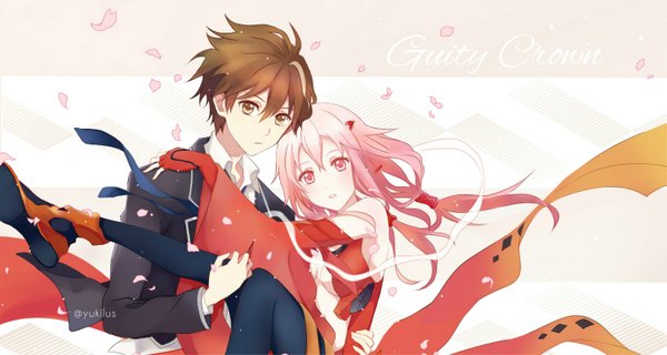 Anime picture 1500x800 with guilty crown production i.g yuzuriha inori ouma shu yukilus long hair looking at viewer fringe short hair breasts light erotic hair between eyes brown hair wide image twintails bare shoulders brown eyes signed pink hair bent knee (knees)