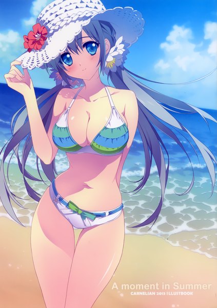 Anime picture 1701x2411 with original carnelian single long hair tall image highres breasts blue eyes light erotic blue hair scan beach girl navel flower (flowers) swimsuit hat bikini sea