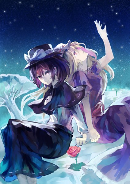 Anime picture 707x1000 with touhou usami renko maribel hearn kotaro-nosuke long hair tall image looking at viewer short hair blonde hair sitting purple eyes multiple girls sky purple hair pink eyes light smile night night sky looking up back to back