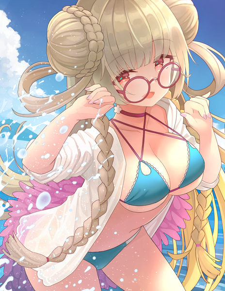 Anime picture 1486x1920 with azur lane formidable (azur lane) formidable (the lady of the beach) (azur lane) nomio single long hair tall image fringe breasts open mouth light erotic blonde hair red eyes large breasts sky cloud (clouds) braid (braids) :d hair bun (hair buns) braided bun