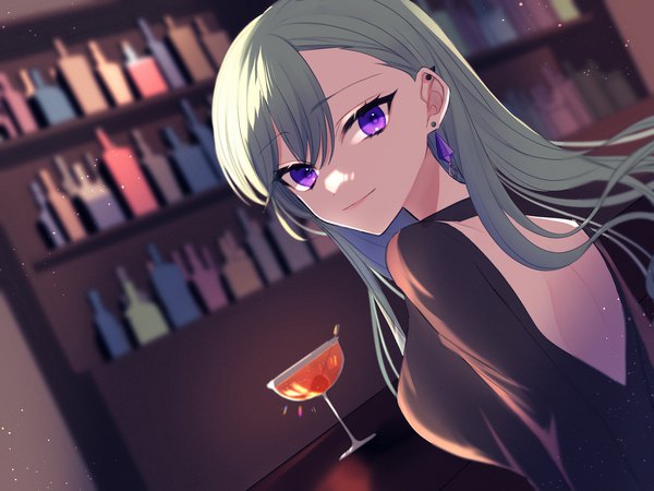 Anime picture 2000x1500 with virtual youtuber vspo! yakumo beni hatori naco single long hair looking at viewer fringe highres breasts hair between eyes purple eyes upper body indoors green hair blurry dutch angle depth of field piercing back