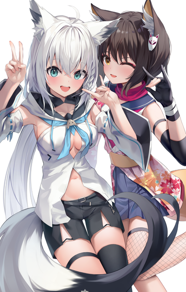 Anime picture 980x1537 with blue archive virtual youtuber hololive shirakami fubuki izuna (blue archive) shuvi (shuvi1125) long hair tall image looking at viewer blush fringe short hair breasts open mouth light erotic black hair simple background hair between eyes white background multiple girls