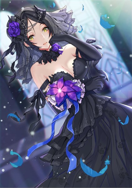 Anime picture 617x876 with idolmaster idolmaster cinderella girls hayami kanade lloule single tall image looking at viewer blush short hair breasts black hair bare shoulders holding yellow eyes cleavage indoors parted lips arm up sunlight sunbeam