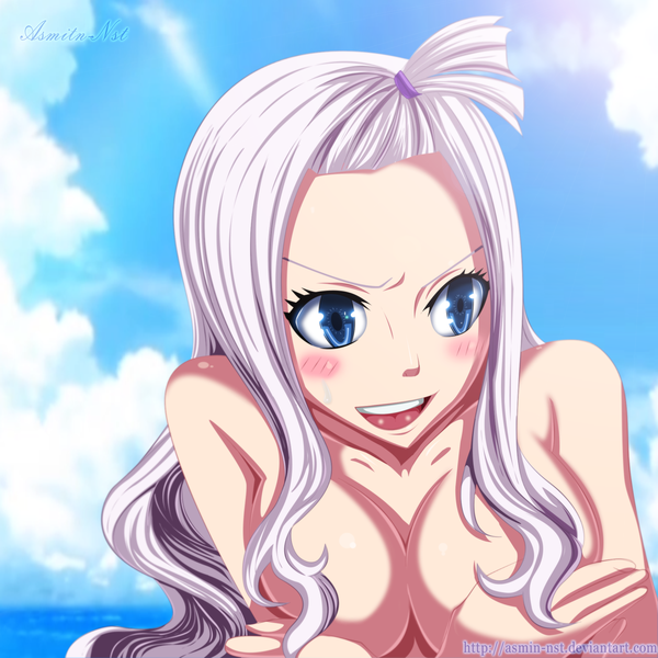 Anime picture 1976x1977 with fairy tail mirajane strauss iitheluciferii single long hair tall image blush highres breasts open mouth blue eyes light erotic smile large breasts bare shoulders sky cloud (clouds) ahoge white hair sunlight