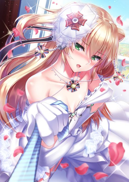 Anime picture 1003x1416 with azur lane admiral hipper (azur lane) ken ill single long hair tall image looking at viewer blush fringe open mouth light erotic blonde hair hair between eyes standing bare shoulders holding green eyes sky cloud (clouds) head tilt