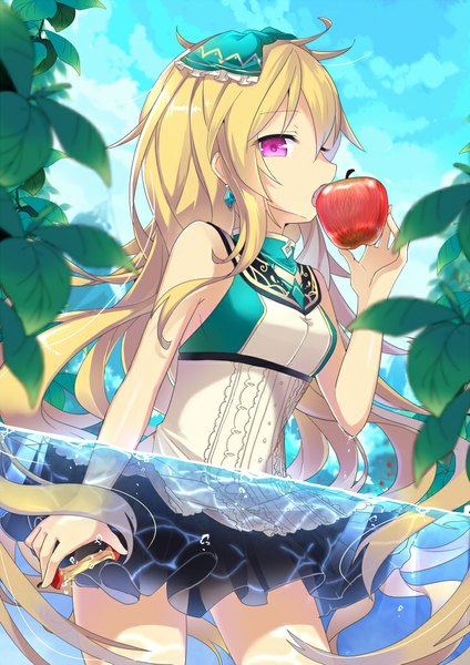 Anime picture 723x1023 with original nyori single long hair tall image looking at viewer blonde hair purple eyes profile partially submerged eating girl dress water leaf (leaves) fruit apple