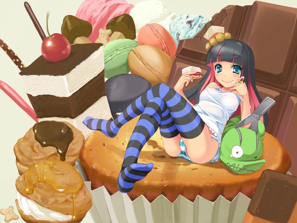 Anime picture 1600x1200 with panty & stocking with garterbelt anarchy stocking tagme (artist) long hair blue eyes light erotic black hair multicolored hair two-tone hair colored inner hair girl thighhighs underwear panties food striped thighhighs