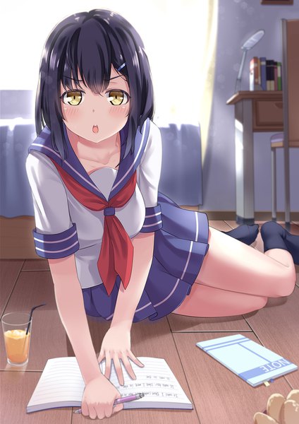 Anime picture 1116x1579 with original too-ye single tall image looking at viewer blush fringe short hair breasts open mouth black hair hair between eyes yellow eyes full body bent knee (knees) indoors pleated skirt arm support teeth :o