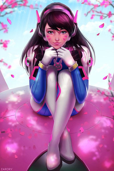 Anime picture 777x1165 with overwatch blizzard entertainment d.va (overwatch) meka (overwatch) zarory single long hair tall image looking at viewer fringe brown hair sitting brown eyes signed sky cloud (clouds) full body bent knee (knees) realistic facial mark