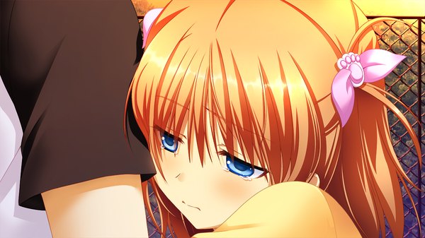 Anime picture 1280x720 with tojita sekai no tori colony blush short hair blue eyes wide image game cg orange hair tears girl hair ornament