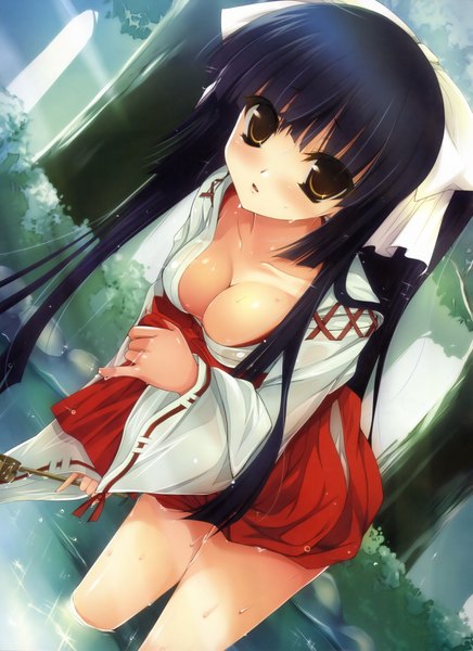 Anime picture 2954x4066 with original ninoko single long hair tall image highres breasts light erotic black hair yellow eyes cleavage wet sweat miko girl