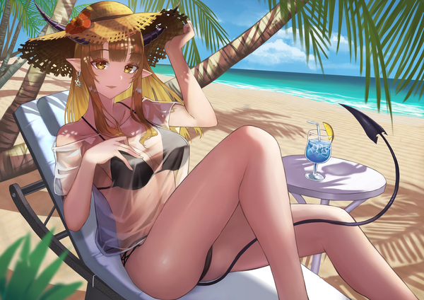 Anime picture 5016x3541 with original saba-kann (kannsaba) single long hair looking at viewer blush fringe highres breasts open mouth light erotic smile brown hair large breasts sitting yellow eyes payot absurdres sky cloud (clouds)