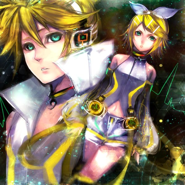Anime picture 1111x1111 with vocaloid kagamine rin kagamine len sasaki ryou looking at viewer short hair blonde hair bare shoulders green eyes lips twins girl boy navel hair ornament detached sleeves shorts hairband hairclip headphones