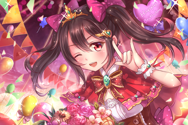 Anime picture 1500x1000 with love live! school idol project sunrise (studio) love live! yazawa nico miazi single long hair looking at viewer blush open mouth black hair smile red eyes twintails one eye closed fingernails wink happy eyebrows happy birthday