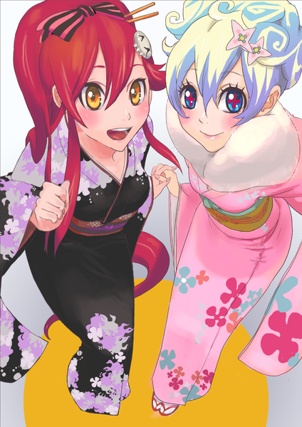 Anime picture 1131x1599 with tengen toppa gurren lagann gainax yoko littner nia teppelin temoshi (artist) long hair tall image blush blue eyes smile multiple girls ponytail red hair traditional clothes japanese clothes multicolored hair orange eyes holding hands girl hair ornament