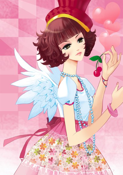 Anime picture 595x842 with original amg192003 single tall image fringe short hair brown hair green eyes looking away blunt bangs head tilt puffy sleeves floral print angel wings white wings checkered checkered background girl wings bracelet