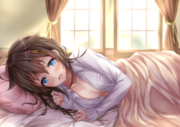 Anime picture 1228x868 with kantai collection shigure destroyer marisasu (marisa0904) single long hair looking at viewer blush fringe breasts open mouth blue eyes light erotic hair between eyes brown hair cleavage indoors lying long sleeves no bra open shirt