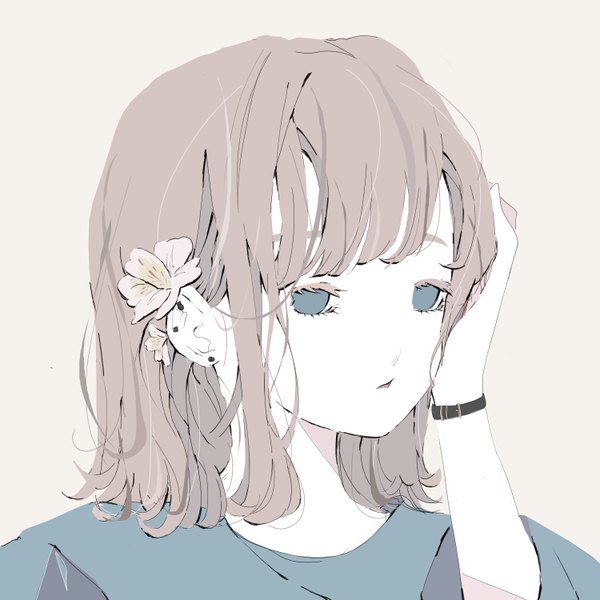 Anime picture 6000x6000 with original no copyright girl single fringe highres short hair blue eyes simple background brown hair absurdres hair flower portrait girl flower (flowers)