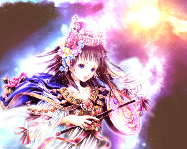 Anime picture 1280x1024 with nao tsukiji single blush fringe short hair brown hair parted lips third-party edit cropped girl jewelry crown musical instrument bow (instrument)