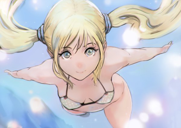 Anime picture 3508x2480 with original okuto single long hair looking at viewer fringe highres breasts light erotic blonde hair smile twintails bare shoulders payot absurdres cleavage spread arms underwater silver eyes swimming