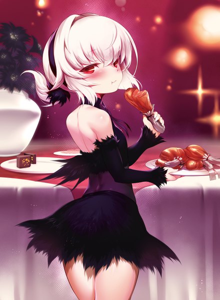 Anime picture 1020x1392 with tanaka the wizard rocoroco mdastarou single tall image looking at viewer blush fringe short hair hair between eyes red eyes white hair looking back loli eating girl dress detached sleeves food black dress