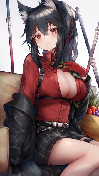 Anime picture 2184x3888 with arknights texas (arknights) texas (willpower) (arknights) snm (sunimi) single long hair tall image looking at viewer blush fringe highres breasts open mouth light erotic black hair simple background hair between eyes large breasts sitting brown eyes
