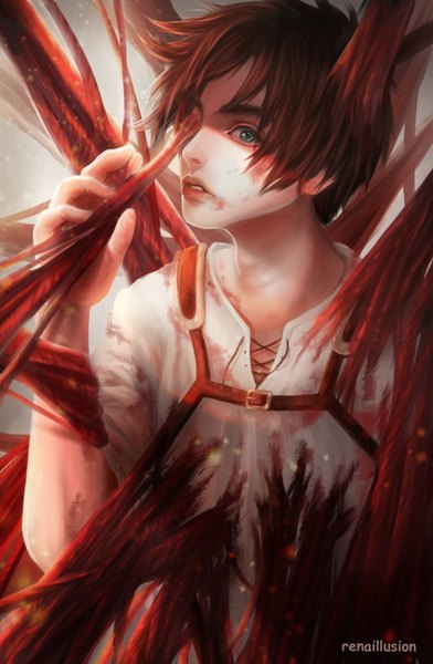 Anime picture 1308x2000 with shingeki no kyojin production i.g eren yaeger renaillusion single tall image looking at viewer short hair brown hair green eyes signed upper body parted lips blood on face bloody clothes covering eye (eyes) boy blood