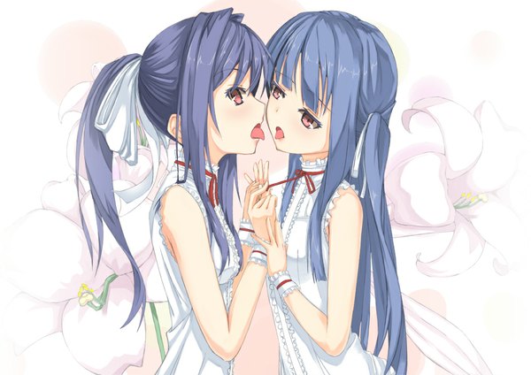 Anime picture 1023x724 with original jougen long hair open mouth red eyes multiple girls blue hair ponytail shoujo ai almost kiss girl flower (flowers) ribbon (ribbons) 2 girls hair ribbon