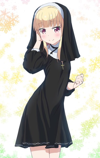 Anime picture 1304x2047 with new game! doga kobo iijima yun pink x single long hair tall image looking at viewer blush fringe simple background blonde hair smile standing purple eyes blunt bangs alternate costume hand on face nun snowflake print